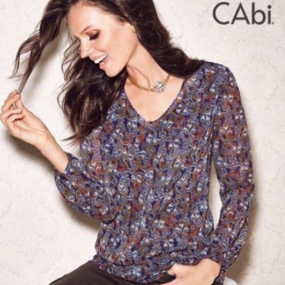 Cabi Tapestry Print Long Sleeve Sheer Layer Tunic Top Blouse Shirt Button Cuff